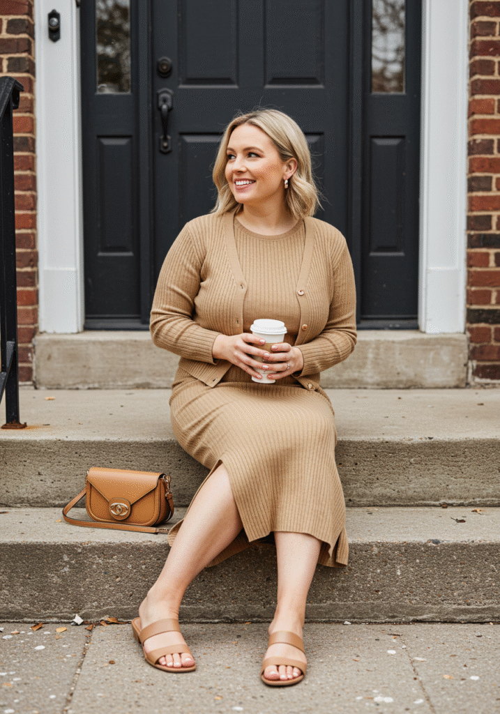 Camel knit midi set with a ribbed sweater and skirt combo, nude sandals, a tan crossbody bag, and a coffee cup in hand, seated on front steps.