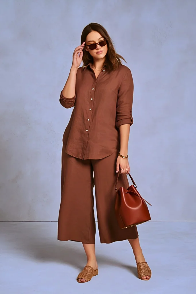 Rich brown monochrome outfit with a button-down shirt, culotte pants, woven mules, and a structured bucket bag, styled with square sunglasses.

