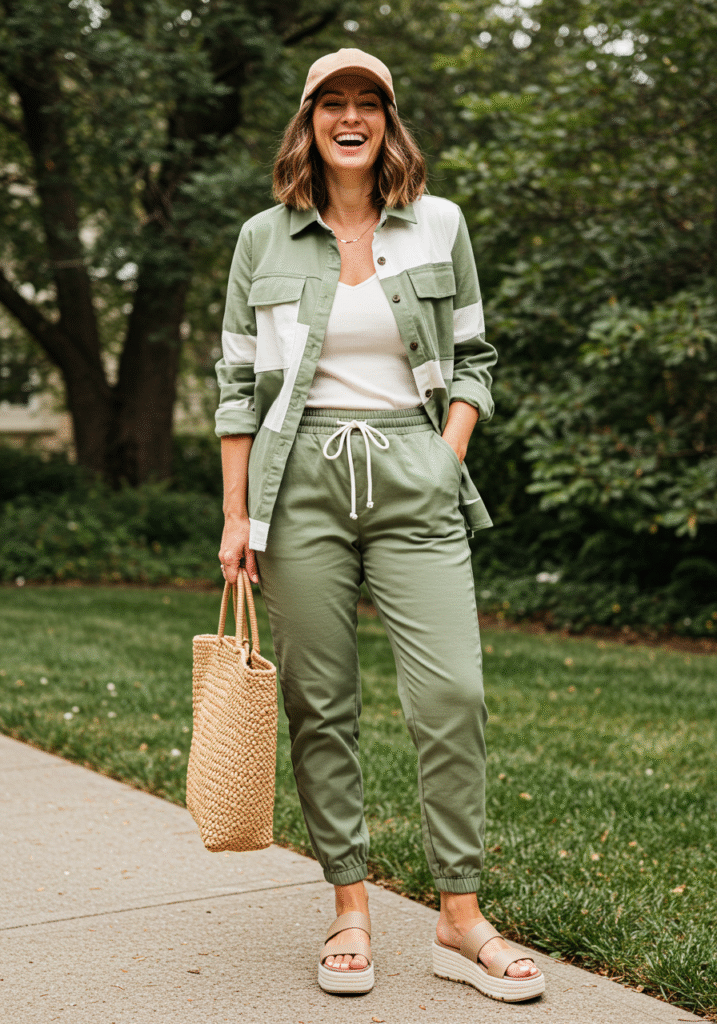 Casual green utility set featuring joggers and a colorblock overshirt, white ribbed tank, platform sandals, baseball cap, and a straw tote bag.