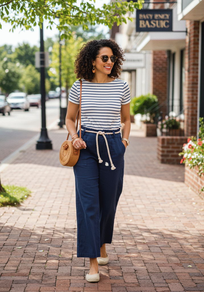 Nautical spring look with a striped tee tucked into navy wide-leg pants with a rope belt, paired with espadrilles and a round woven crossbody bag.
