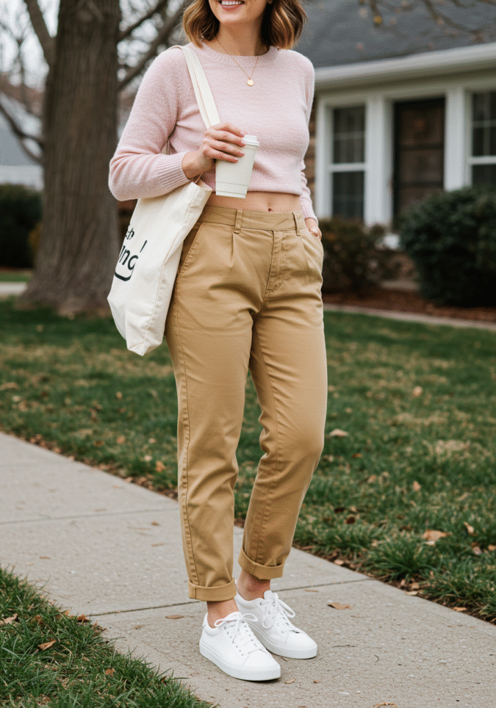 Soft neutral spring look featuring a cropped pink sweater, high-waisted khaki chinos, white sneakers, and a white graphic tote bag.