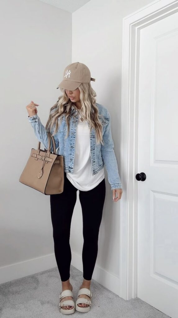 Woman wearing a cropped denim jacket, long white tee, black leggings, beige sandals, and a tan baseball cap, carrying a structured tan handbag while standing indoors.