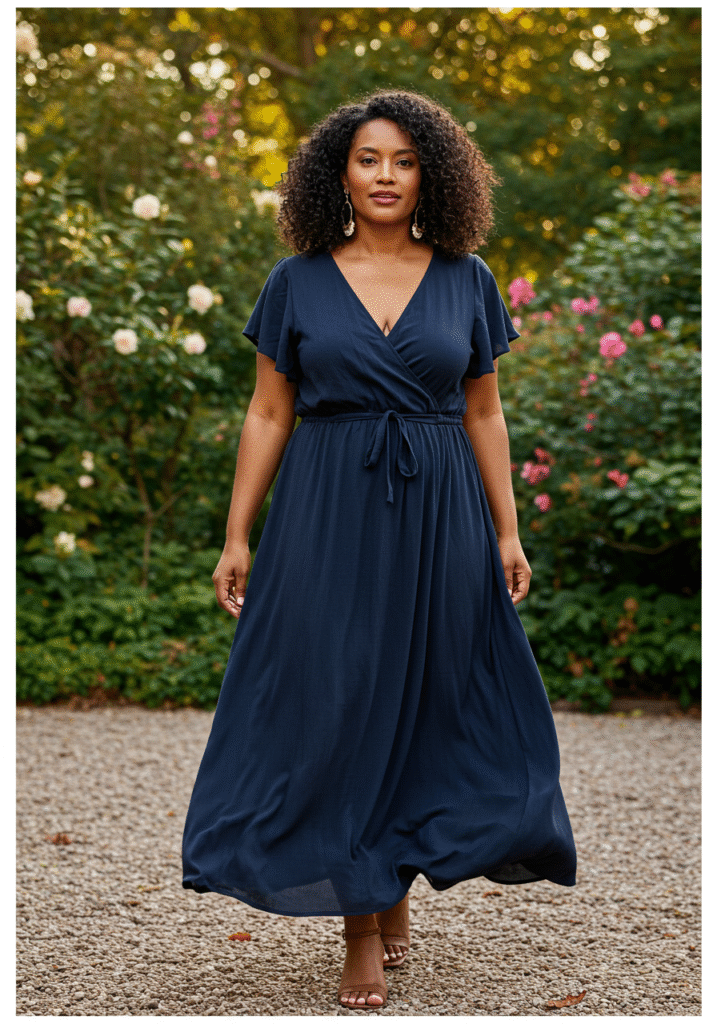Elegant navy wrap maxi dress outfit idea for women over 40 with flutter sleeves, tied waist, nude sandals, and statement earrings in a garden setting.