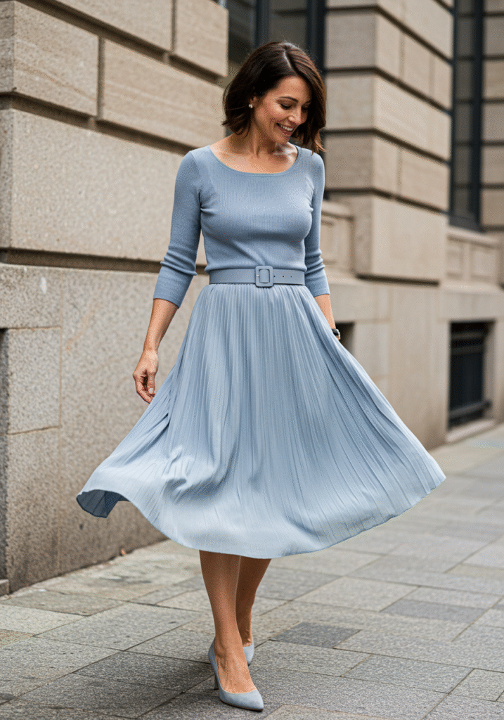 Elegant dusty blue outfit idea for women over 40 featuring belted top, pleated midi skirt, suede heels, and pearl earrings for a soft sophisticated city look.