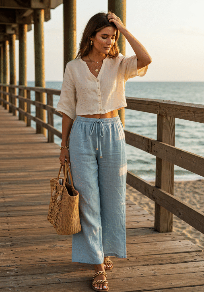 Woman in cropped linen top and wide-leg drawstring pants walking on a pier at sunset, carrying a woven straw tote.