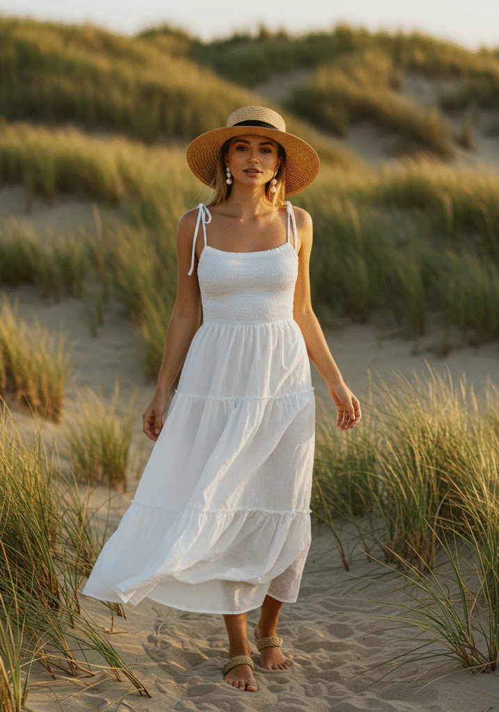 Woman wearing a white smocked sundress, straw hat, and statement earrings, walking barefoot through beach grass at sunset.