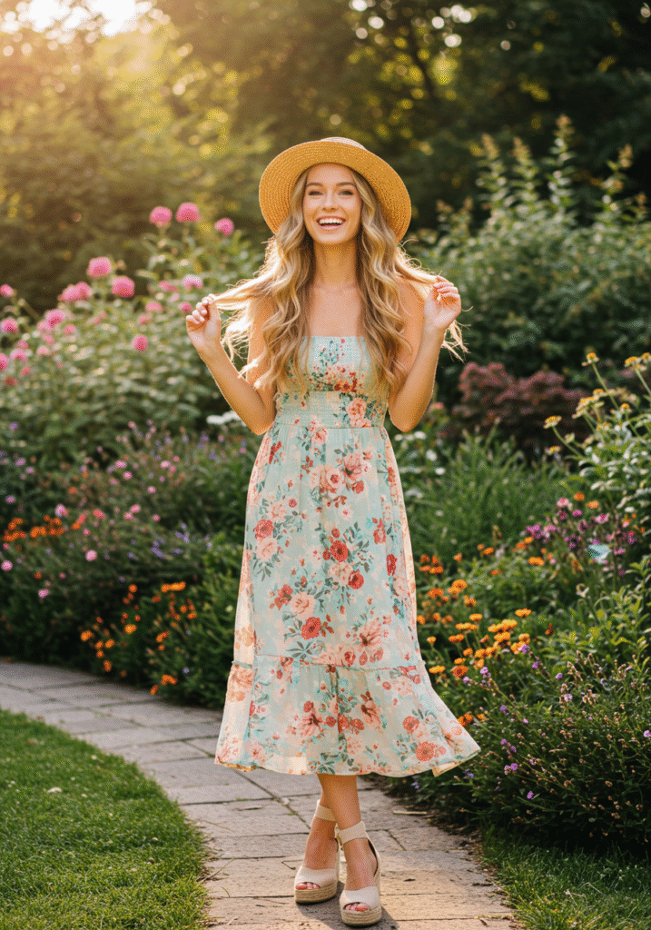 Woman wearing a mint green floral sundress, straw hat, and espadrille wedges, standing in a colorful garden at sunset.