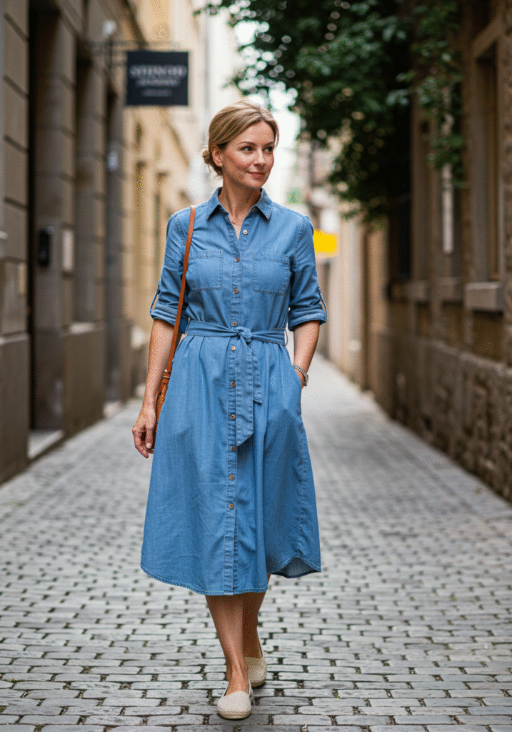 Woman wearing a chambray shirt dress with a tie waist, crossbody bag, and espadrille flats, walking down a cobblestone city street.