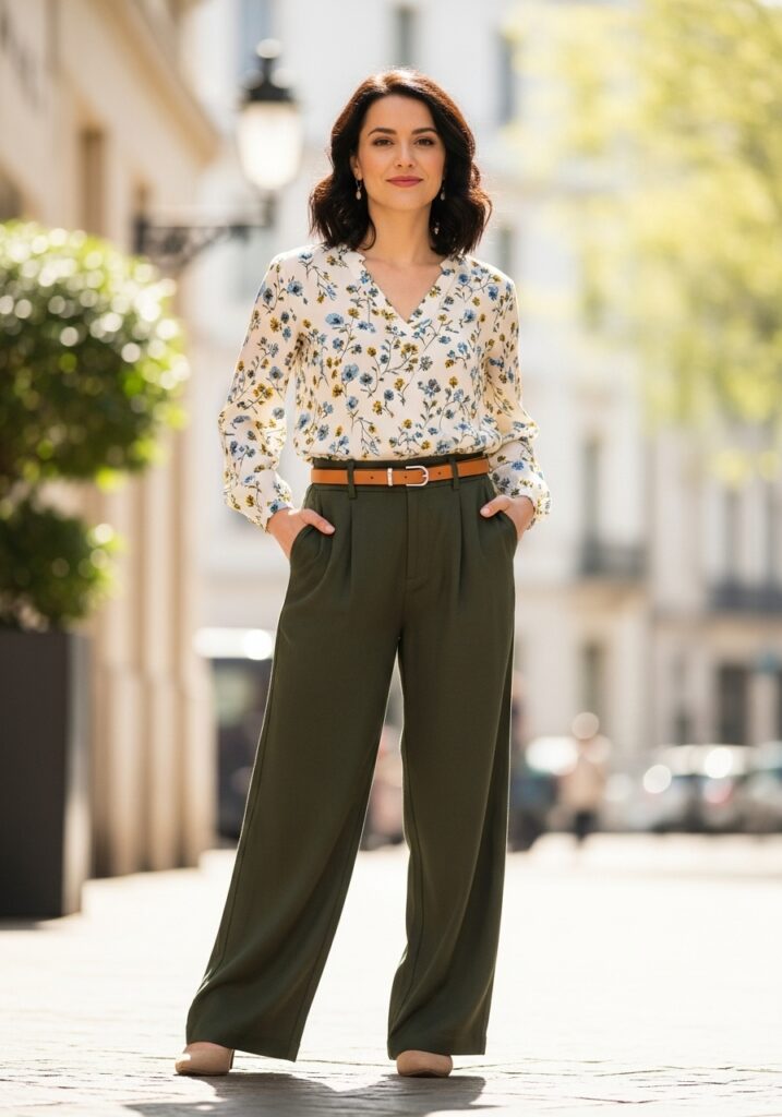 Blouse, slim belts and pants
