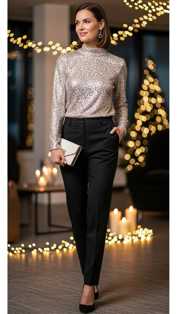 High-Neck Sequin Top with Tailored Trousers