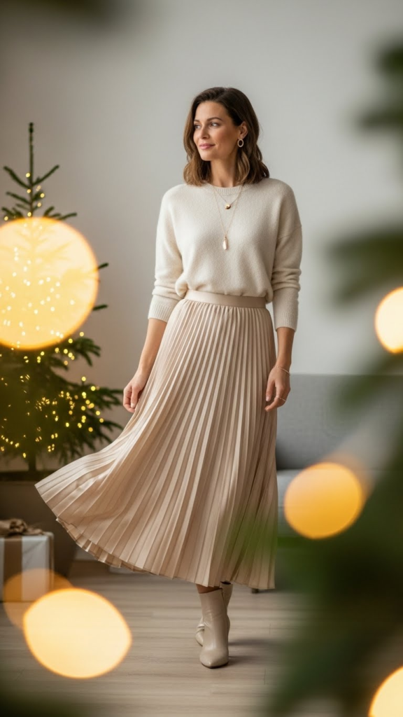 Pleated Midi Skirt with Cashmere Sweater