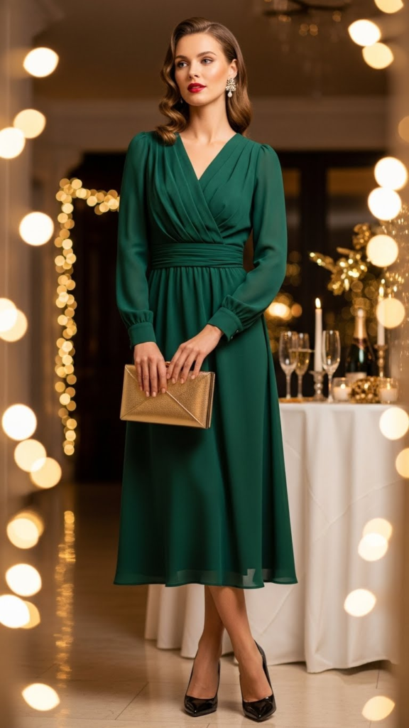 Jewel-Tone Midi Dress with Long Sleeves