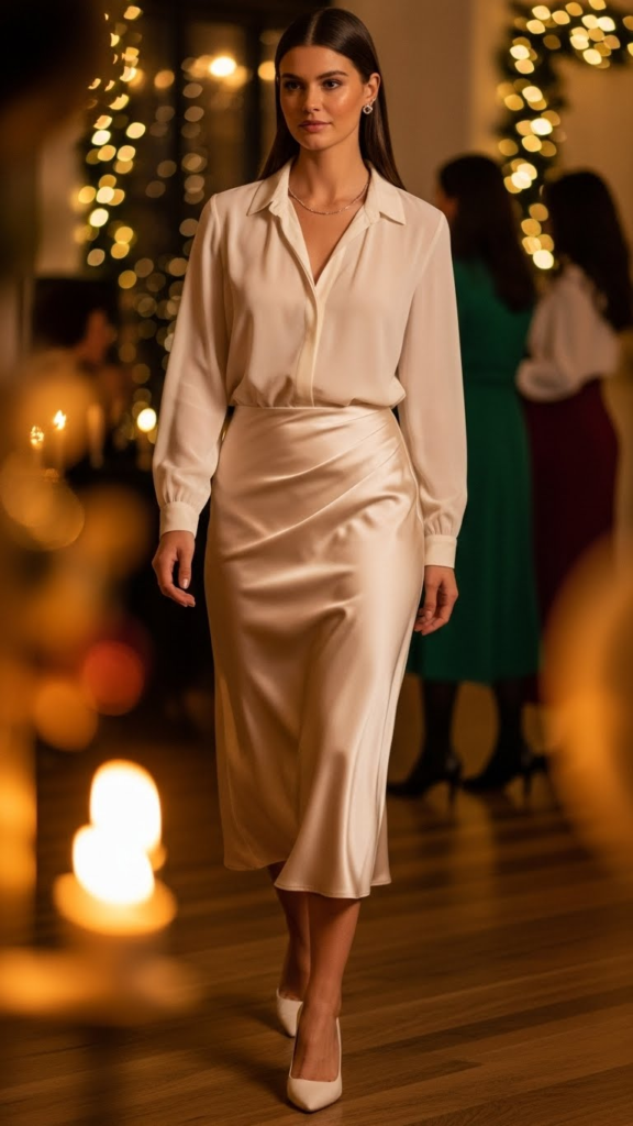 Chiffon Blouse with Satin Midi Skirt