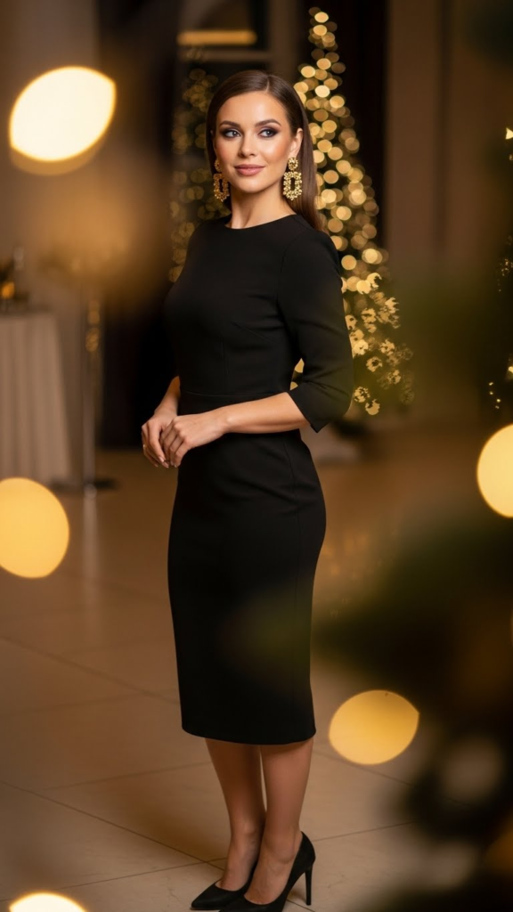 Classic Black Dress with Statement Earrings