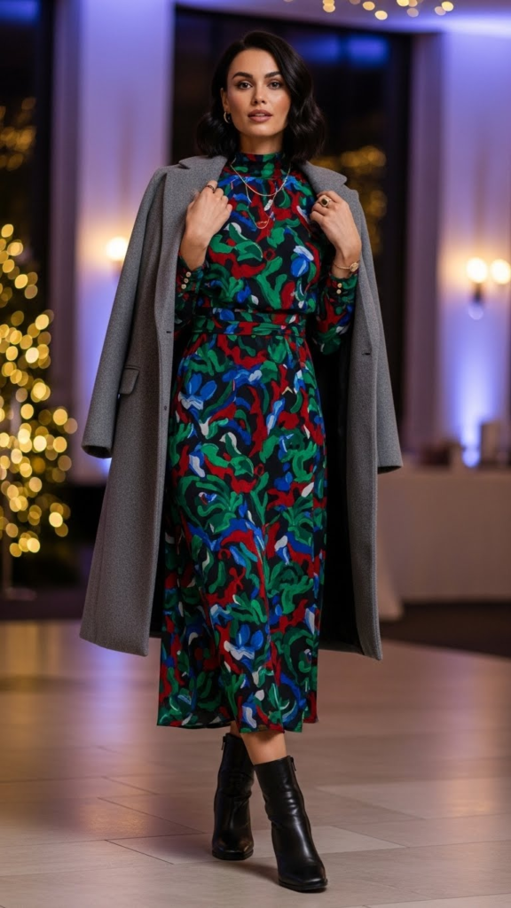 Printed Midi Dress with Ankle Boots