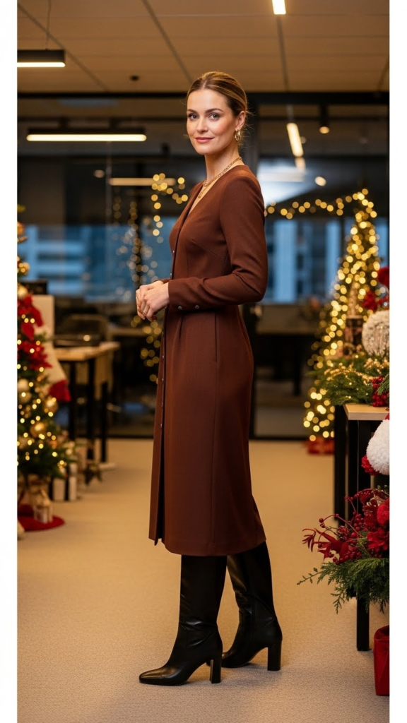 Button-Down Midi Dress with Heeled Boots