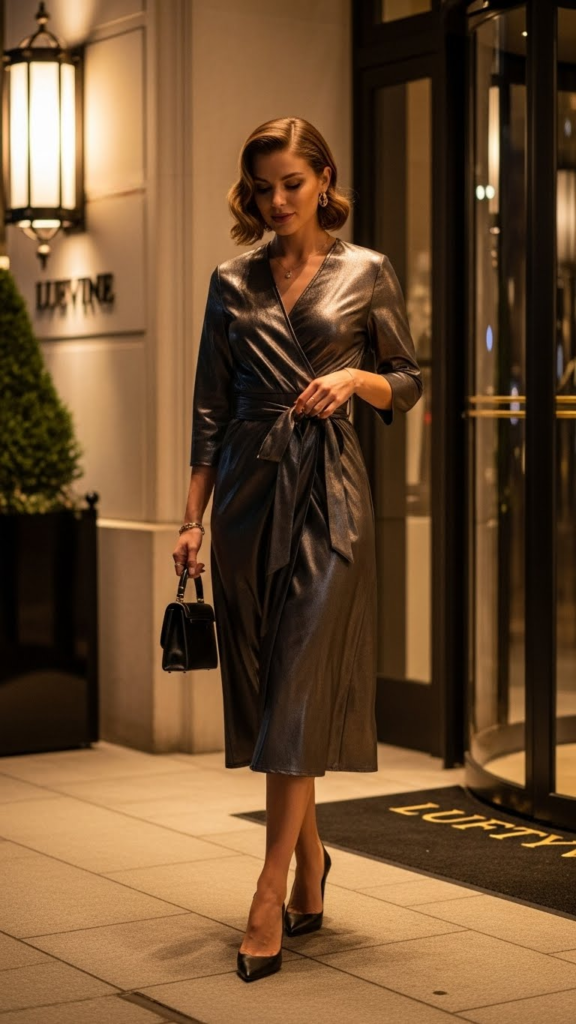 Metallic Wrap Dress with Defined Waist