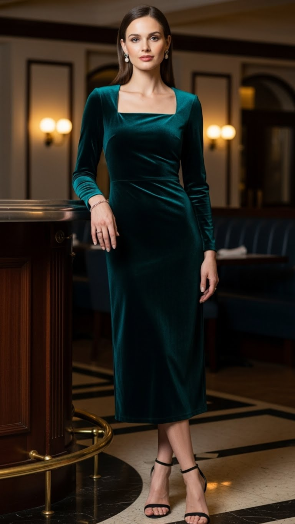Velvet Midi Dress with Square Neckline