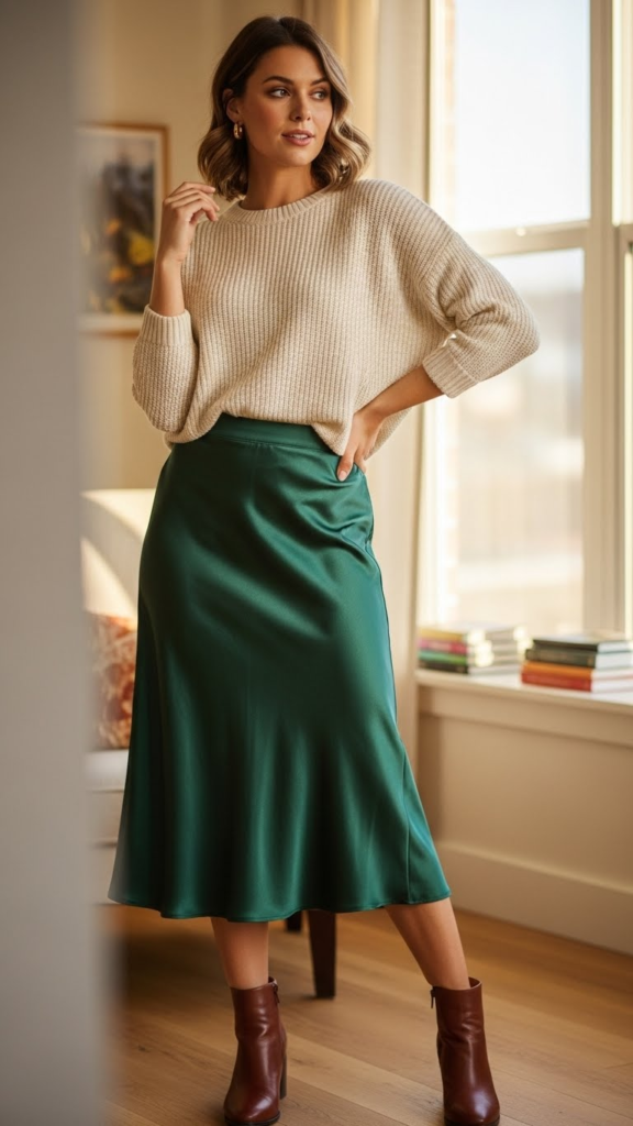 Satin Skirt with Soft Knit Top