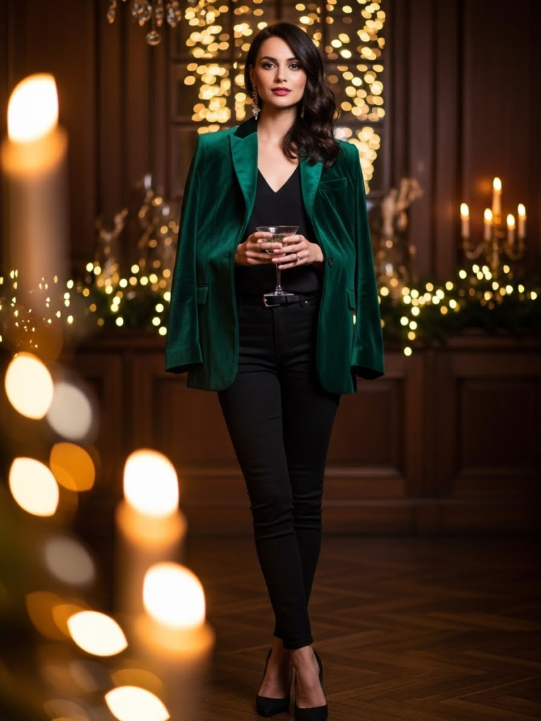 Green Velvet Blazer + Black Skinny Pants