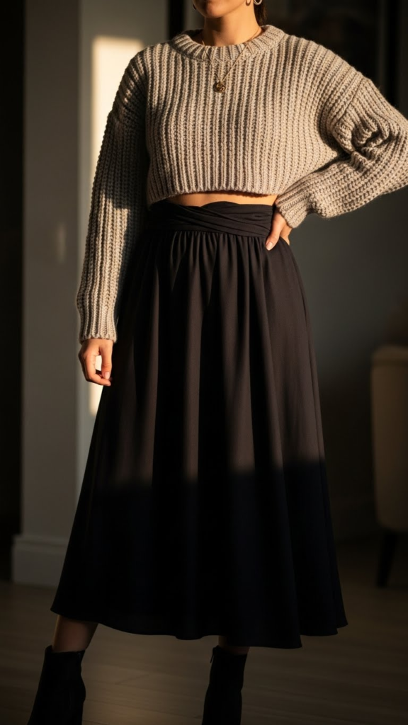 Cropped Knit with High-Waisted Skirt
