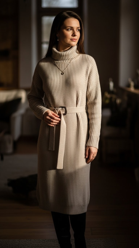 Turtleneck Sweater Dress with Belt