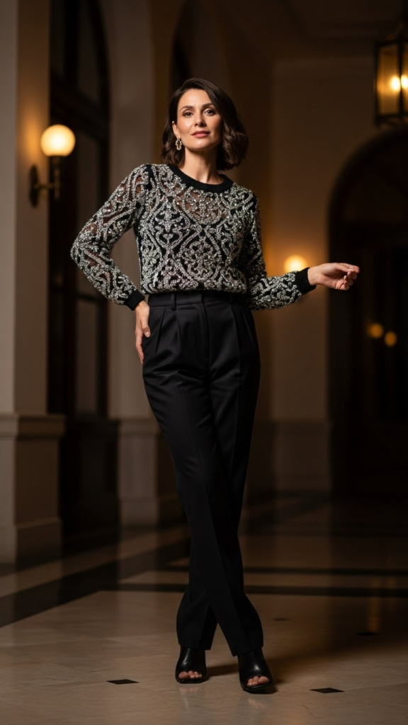 Embellished Knit Top with Trousers