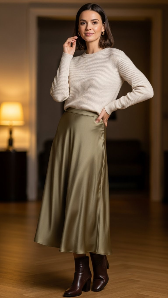 Ribbed Sweater with Satin Midi Skirt