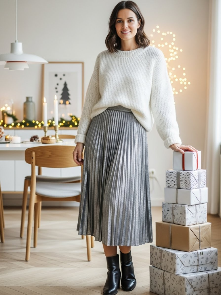 White Sweater + Metallic Pleated Skirt Combo