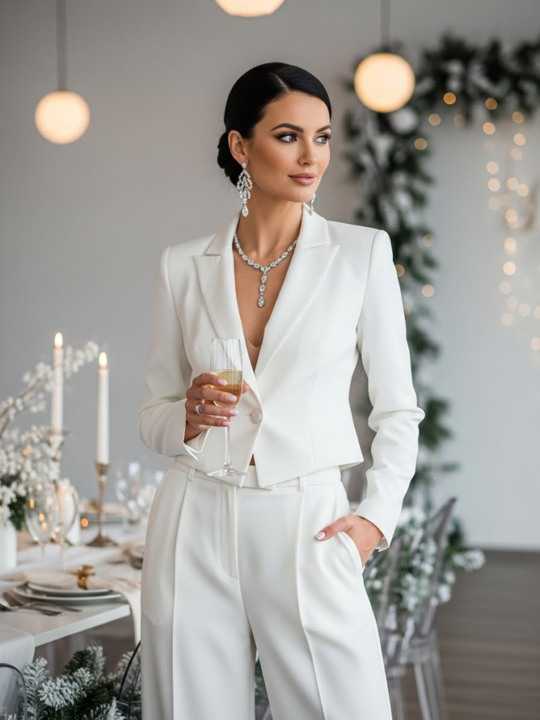 Winter-White Pantsuit with Crystal Jewelry
