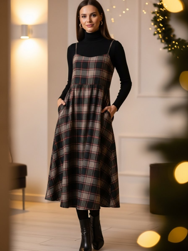 Plaid Midi Dress with Black Turtleneck Underlayer