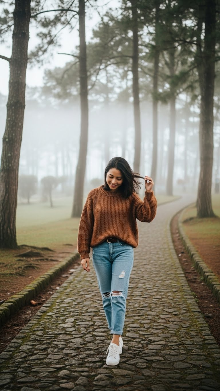 Cosy autumn outfit inspiration with layered knitwear, perfect for a comfortable evening of binge-watching Marshals episodes online