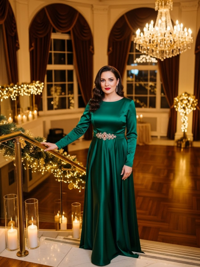 Long-Sleeve Satin Gown with Embellished Belt