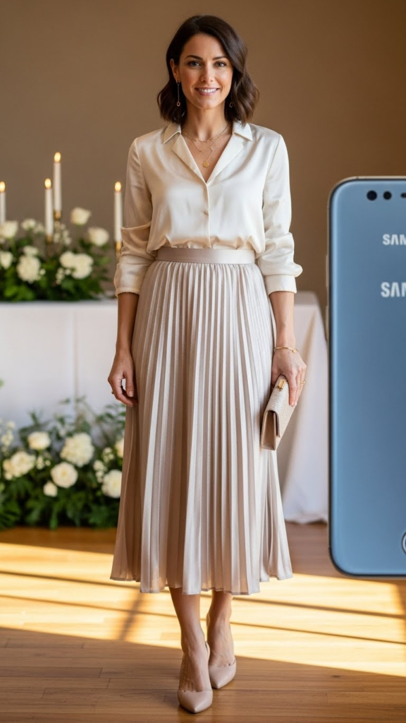 Pleated Skirt with Satin Blouse