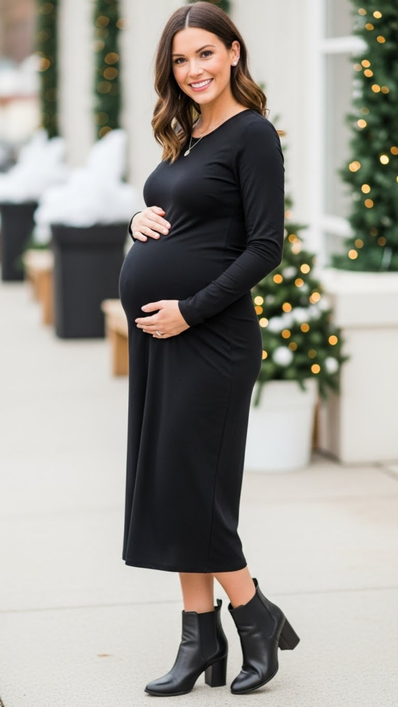 Long-Sleeve Midi Dress with Ankle Boots