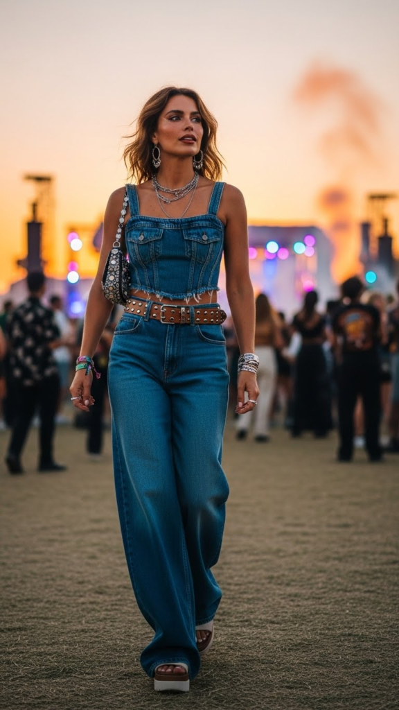 Denim Corset Top with Wide-Leg Jeans