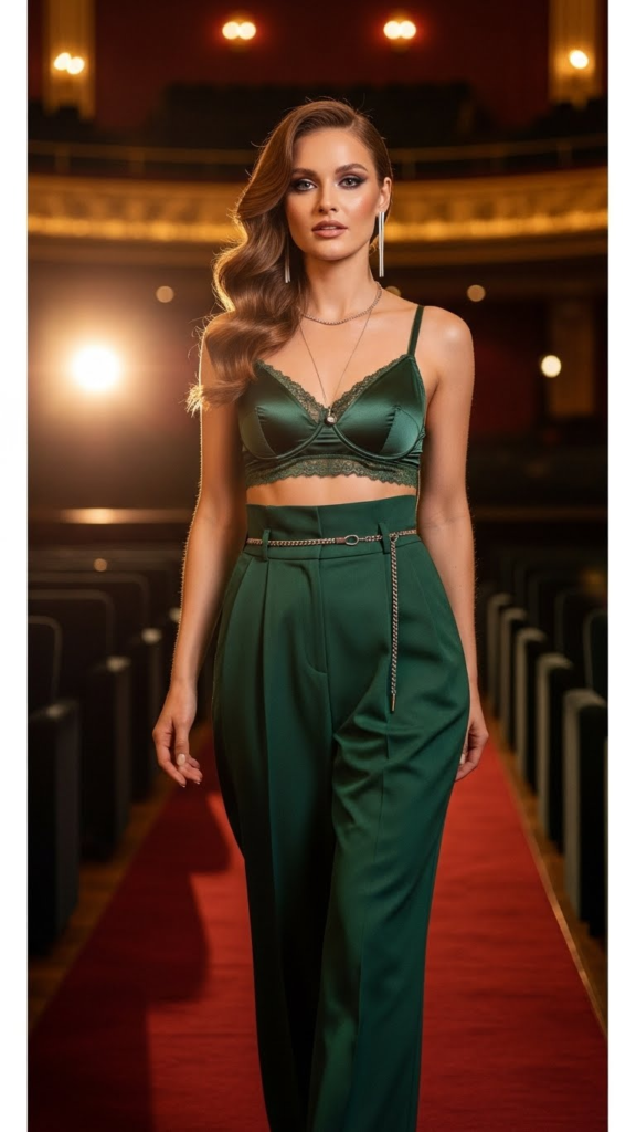 Satin Bralette with High-Waisted Trousers