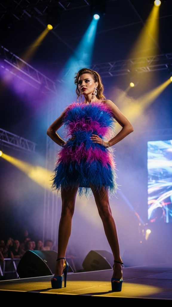 Feather-Trim Mini Dress with Platform Heels