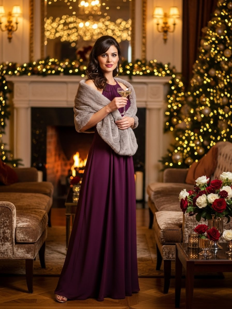 Deep Plum Maxi Dress with Faux-Fur Shawl