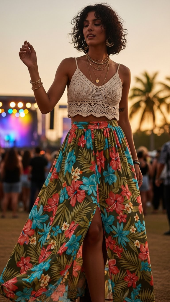 Crochet Crop Top with Flowing Maxi Skirt