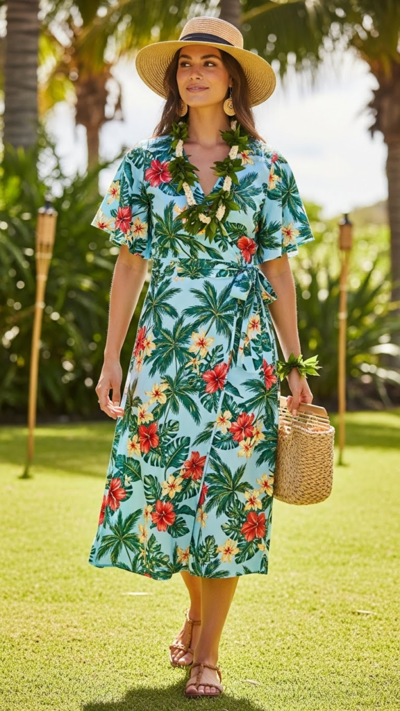 Wrap-Style Hawaiian Midi Dress