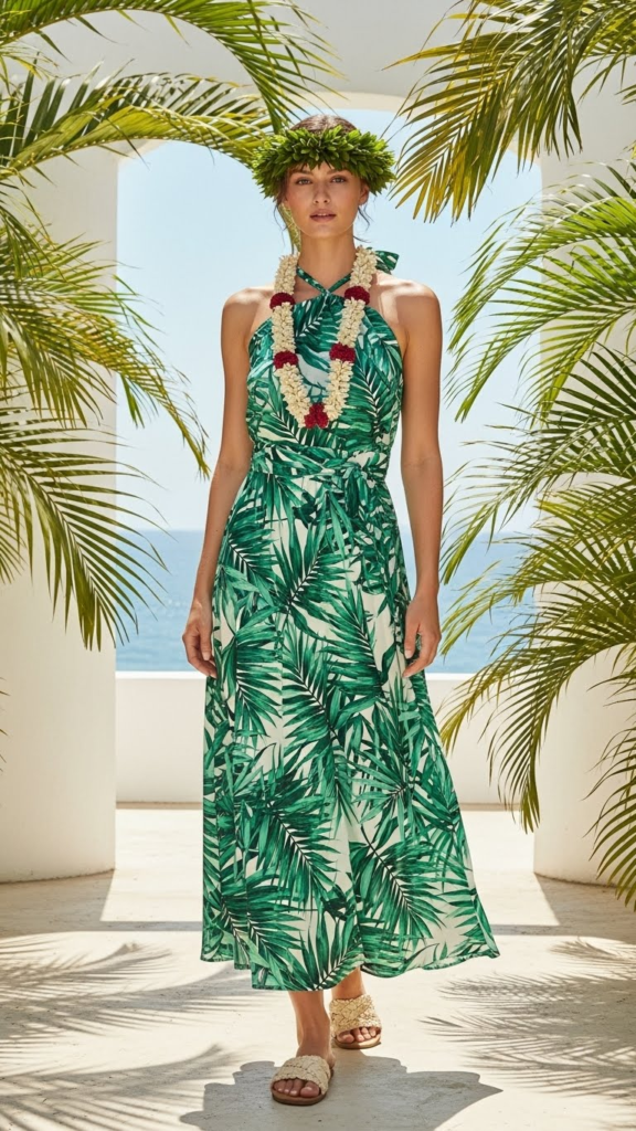 Halter Neck Palm Leaf Dress