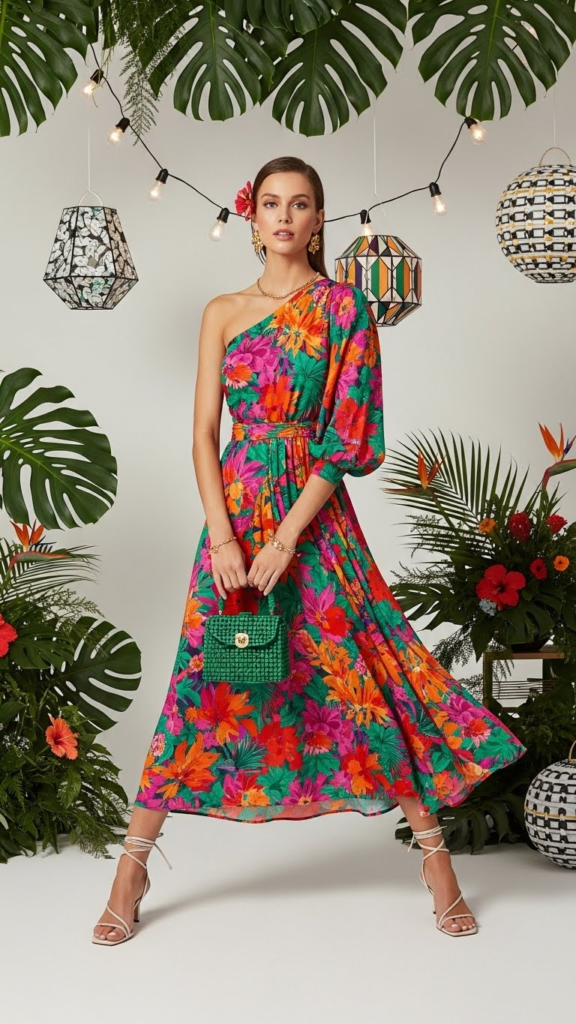 Asymmetrical Tropical Print Dress
