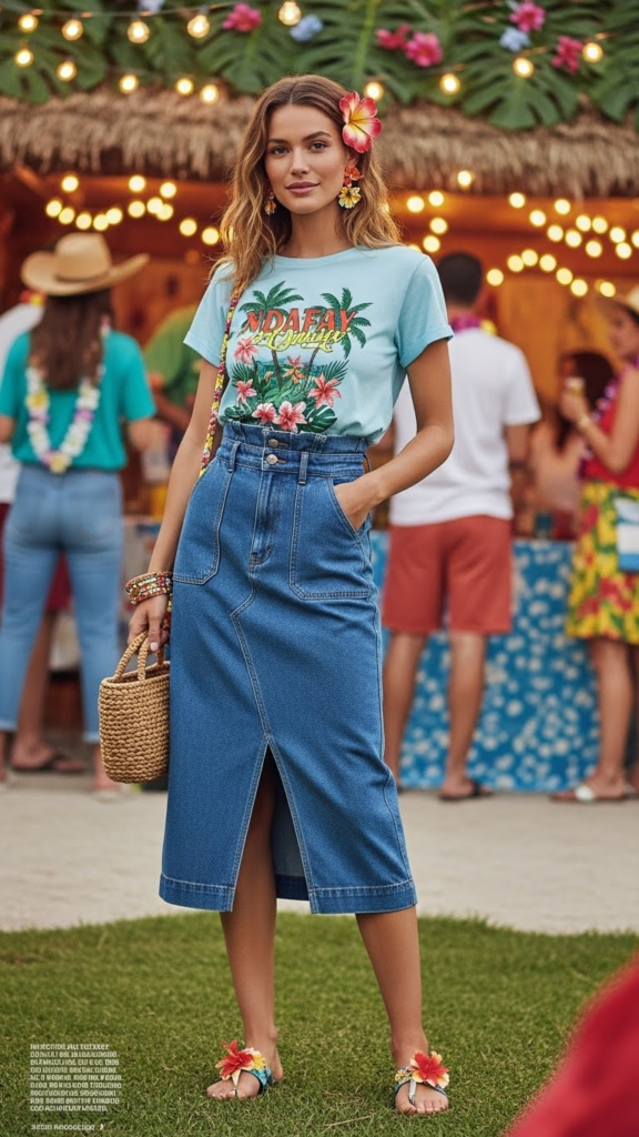Tropical Graphic Tee with Denim Skirt