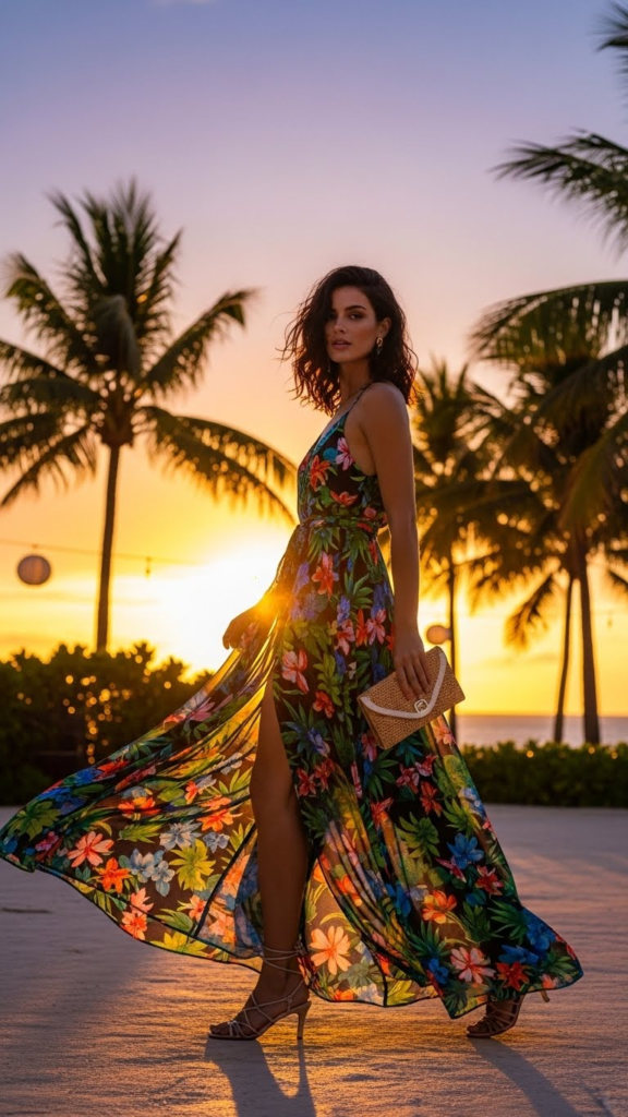 High-Slit Tropical Maxi Dress