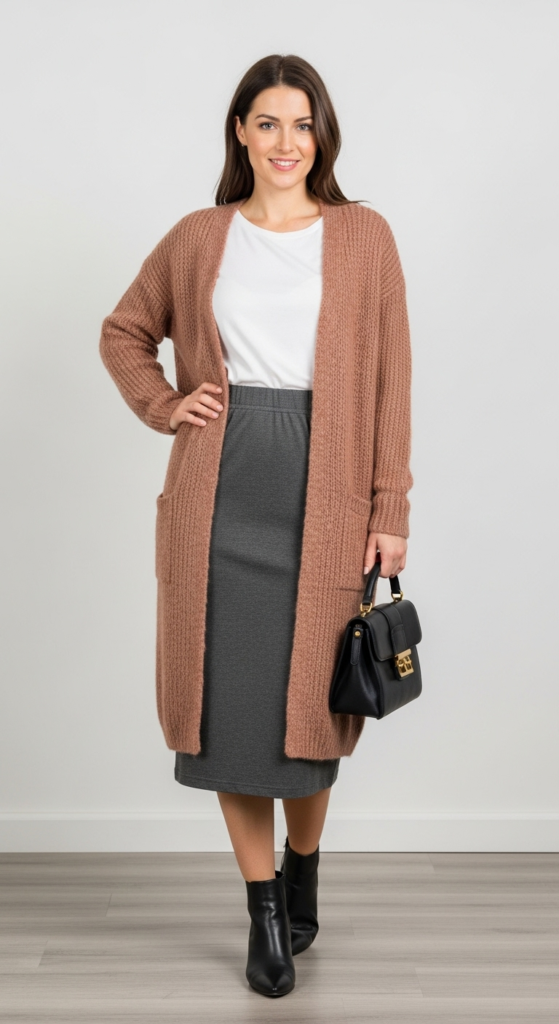 Comfortable Jersey Skirt with a Long Cardigan