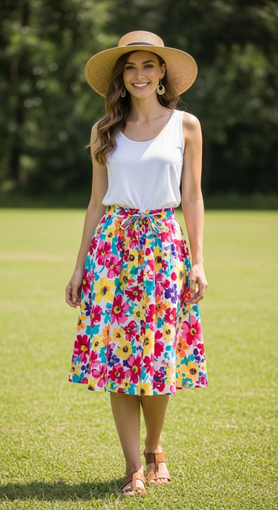 Colorful Floral Skirt with a Simple Tank Top