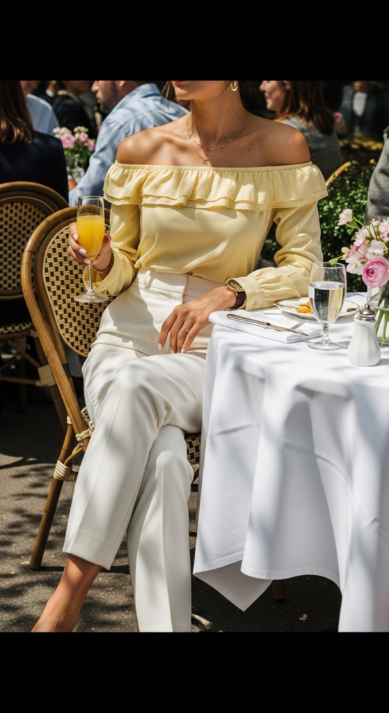 Tailored Trousers and Off-Shoulder Blouse