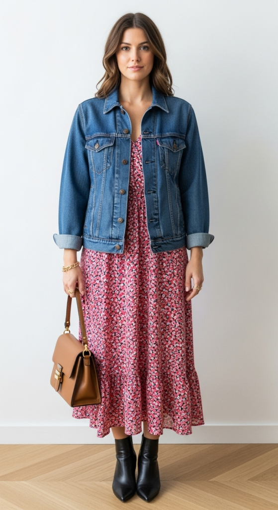Layered Look with Denim Jacket and Dress