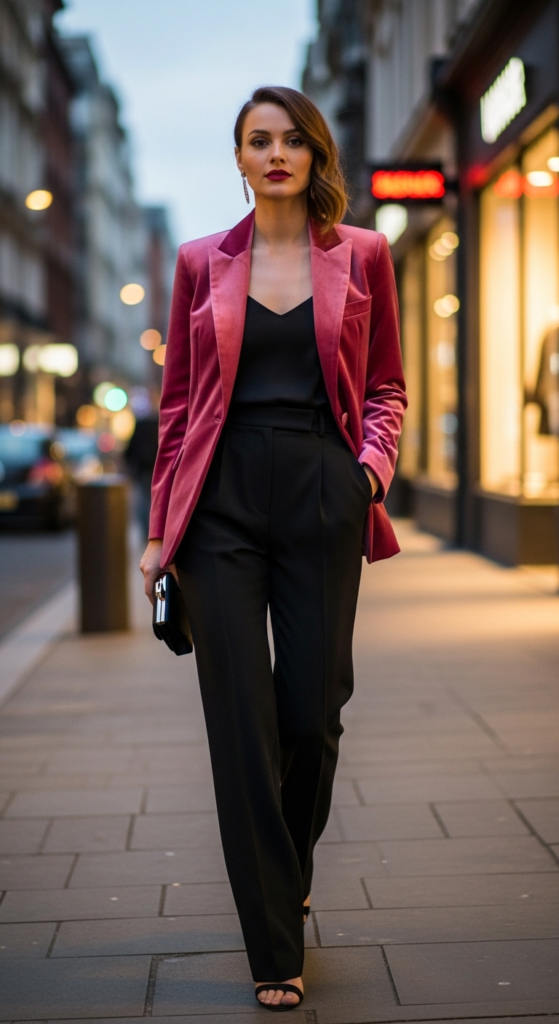 Pink Velvet Blazer with Black Pants